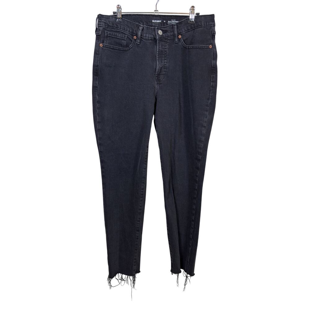 Old Navy O.G. Straight Jeans Womens 12 Black High Rise Raw Hem Ankle Stretch